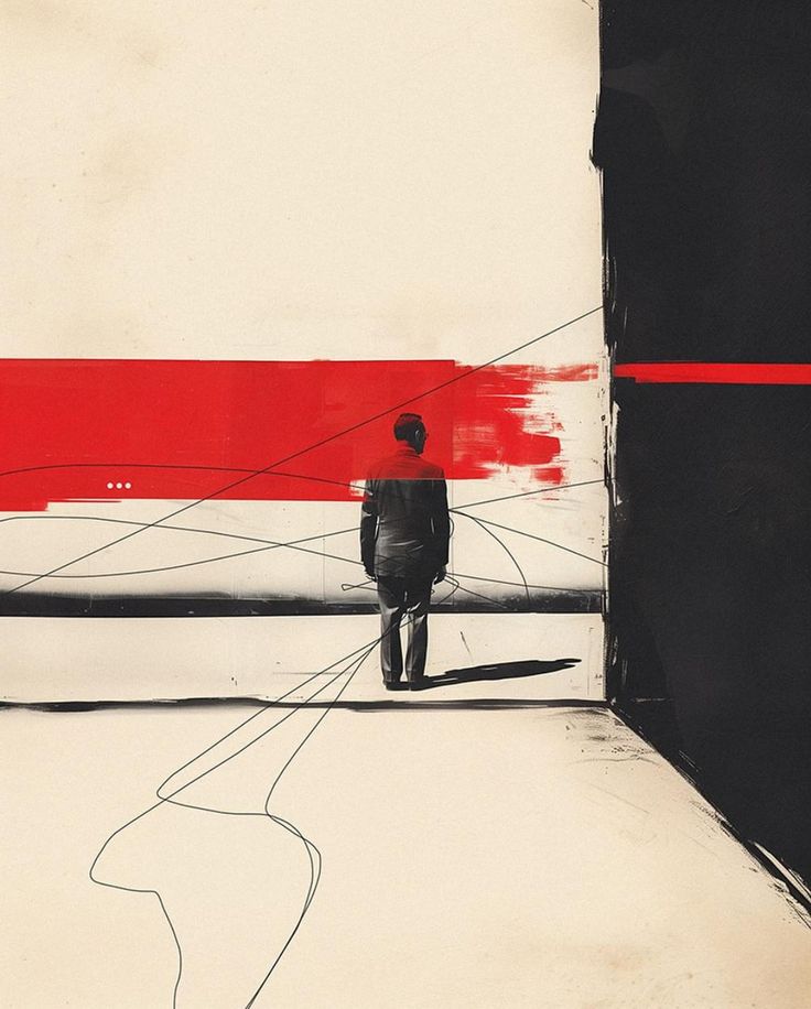 Abstract art featuring a suited figure standing in front of a bold red stripe, with lines and shadows for a dramatic effect.