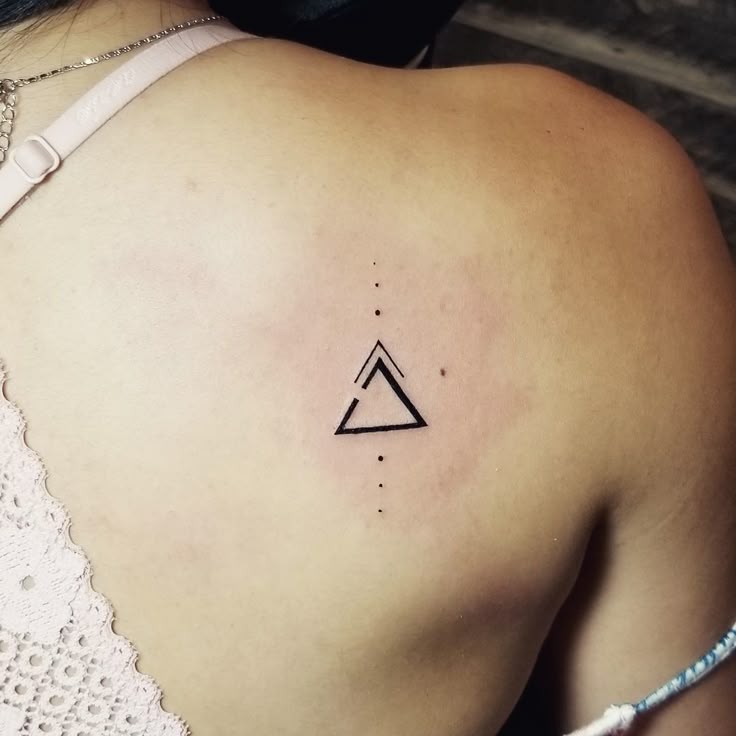 _ 5 Minimalist geometric triangle tattoo on shoulder, featuring dots and lines, symbolizing simplicity and elegance in tattoo art. | Sky Rye Design Minimalist geometric triangle tattoo on shoulder, featuring dots and lines, symbolizing simplicity and elegance in tattoo art.