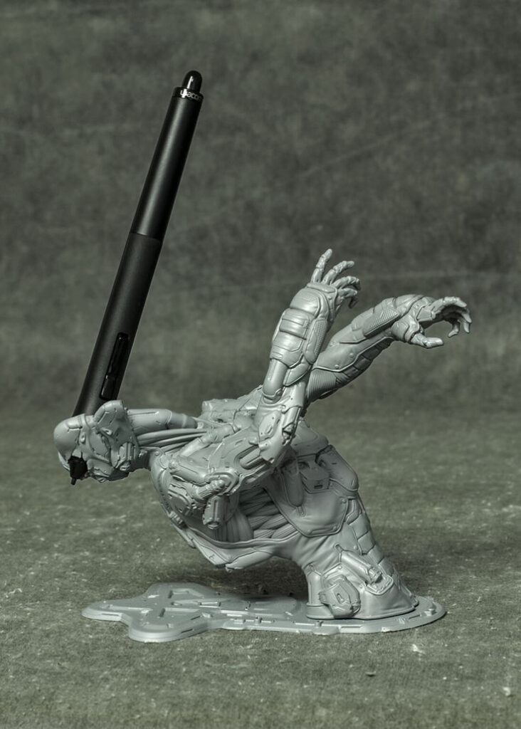 _ 5 Dynamic gray robotic figure elegantly balances a pen, showcasing creativity and technology. Perfect for digital art enthusiasts or tech lovers. | Sky Rye Design Dynamic gray robotic figure elegantly balances a pen, showcasing creativity and technology. Perfect for digital art enthusiasts or tech lovers.