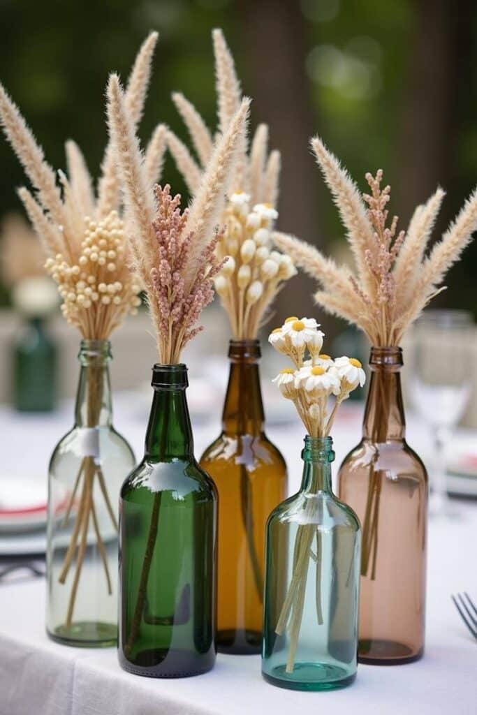 Decorative bottles with dried pampas grass and flowers on a table, creating a rustic and elegant centerpiece for outdoor dining.