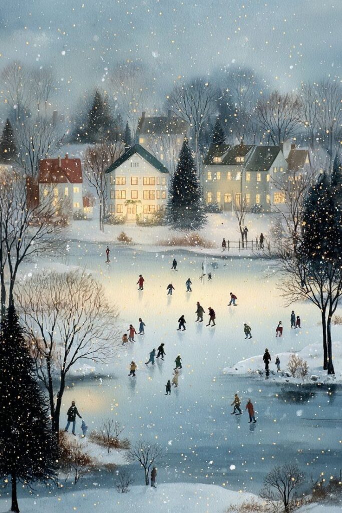 Winter scene with people ice skating on a frozen pond, surrounded by snow-covered trees and cozy lit houses, during a gentle snowfall.