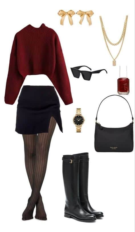 _ 5 Stylish fall outfit with burgundy sweater, black skirt, tights, boots, and accessories including glasses and a handbag. | Sky Rye Design Stylish fall outfit with burgundy sweater, black skirt, tights, boots, and accessories including glasses and a handbag.