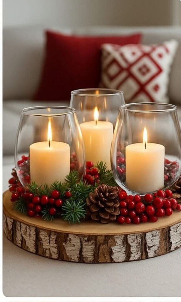 Festive candle centerpiece with pinecones, holly berries, and greenery on a wooden base, creating a cozy holiday atmosphere.
