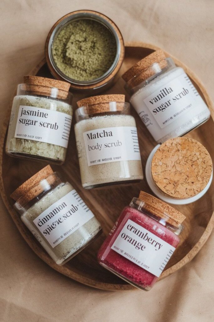 Assorted natural body scrubs in jars: jasmine, matcha, vanilla, cinnamon spice, and cranberry orange on a wooden tray.