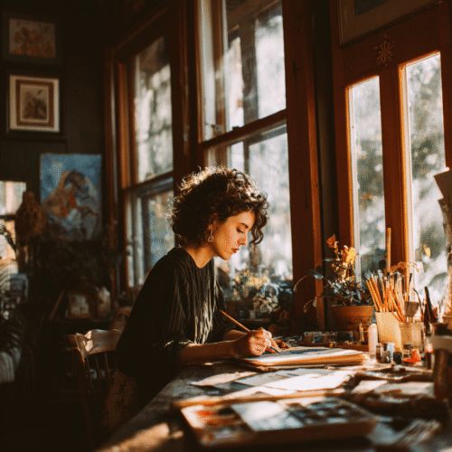 Artist focused on painting by the window, surrounded by art supplies and warm sunlight streaming in. Creative workspace inspiration.