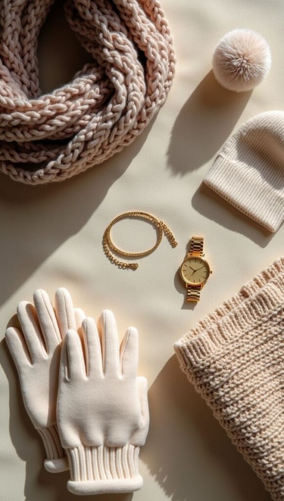 5 Must-Have Winter Accessories Every Woman Needs 🧤💍 Flat lay of winter accessories: knitted scarf, hat, gloves, gold watch, and bracelet on a beige background. Cozy and elegant styling. | Sky Rye Design Flat lay of winter accessories: knitted scarf, hat, gloves, gold watch, and bracelet on a beige background. Cozy and elegant styling.