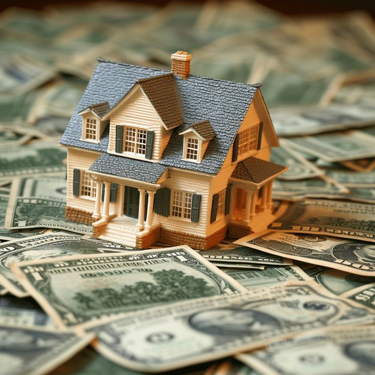 Miniature house on scattered dollar bills, symbolizing real estate investment and financial growth.