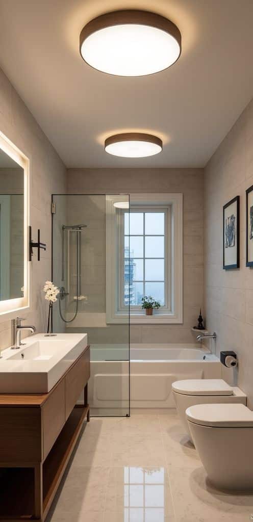 Modern bathroom with large mirror, bathtub, and elegant fixtures under soft, round ceiling lights.