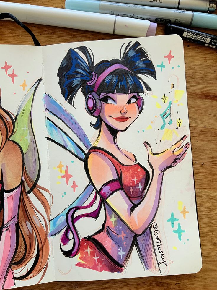 Colorful sketch of a joyful fairy with headphones, wearing a vibrant outfit and wings, surrounded by music notes and sparkles.