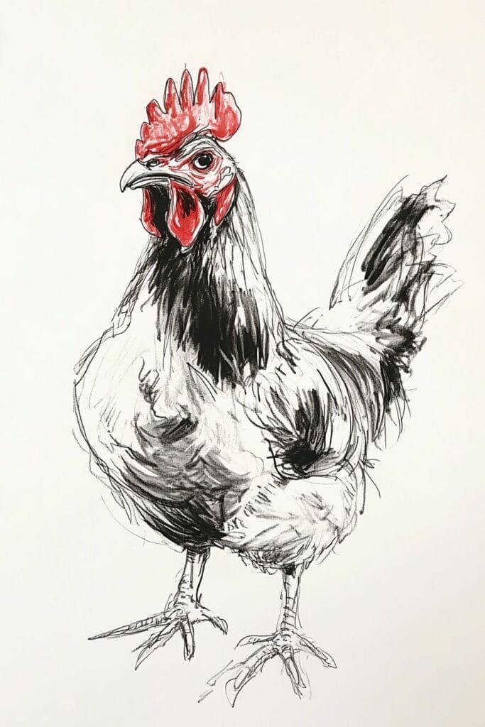Illustrated rooster with a vibrant red comb, detailed feathers, and expressive stance against a plain background.
