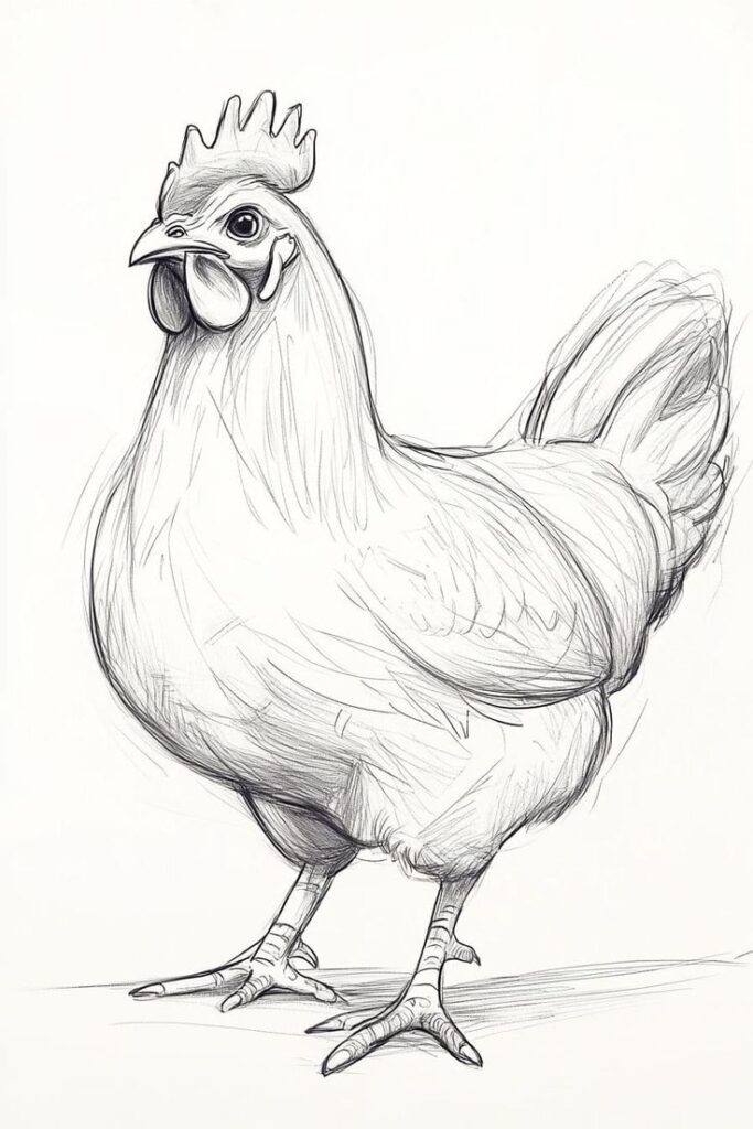 Sketch of a standing chicken, detailed with shading, showing prominent features like comb and feathers on a white background.
