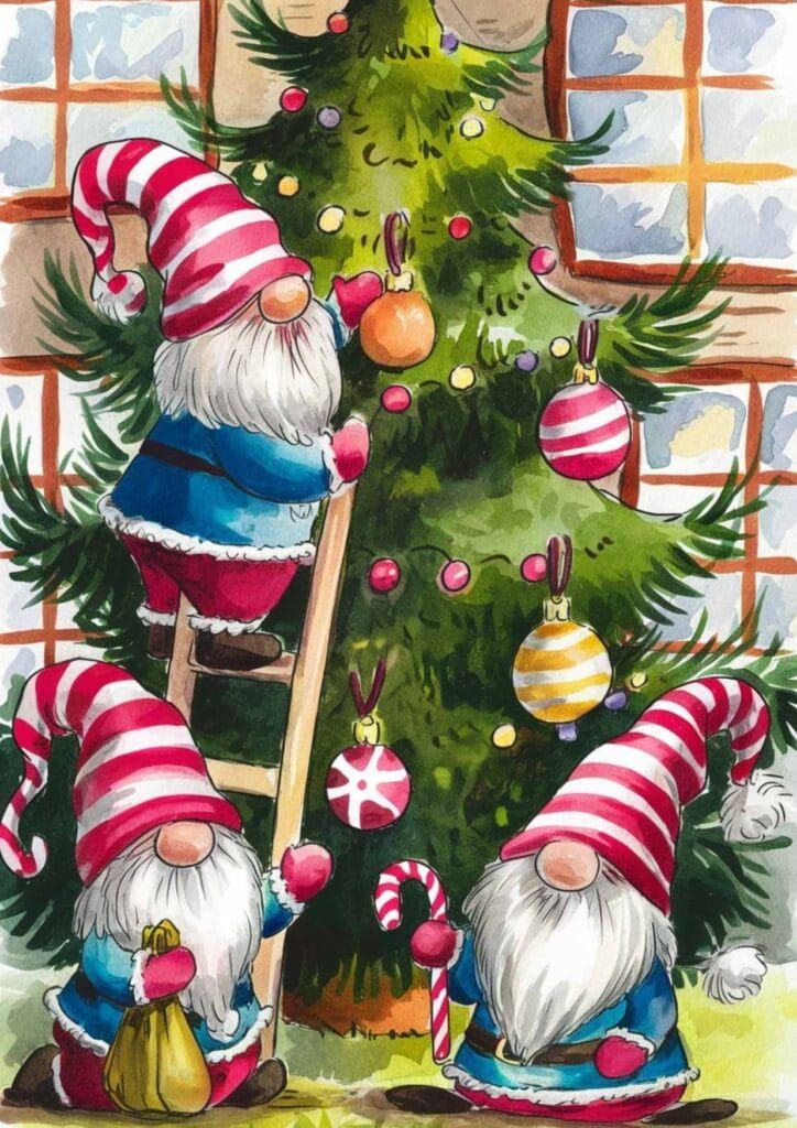 Whimsical gnomes decorate a Christmas tree indoors, adorned with ornaments and candy cane, under a snowy window. Holiday cheer abounds.