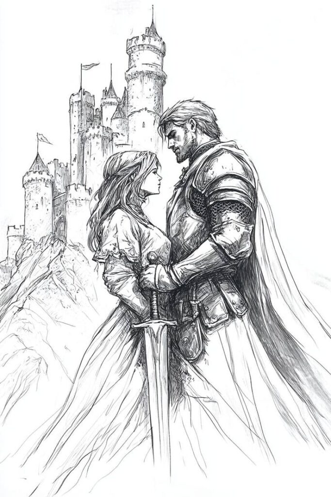 50+ Magical Castle Drawings to Spark Your Imagination Medieval knight and woman embrace with a majestic castle backdrop, conveying romance and bravery in a fantasy setting. | Sky Rye Design Medieval knight and woman embrace with a majestic castle backdrop, conveying romance and bravery in a fantasy setting.