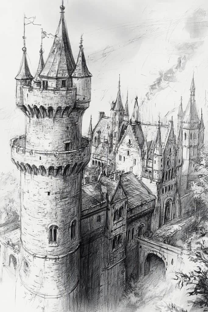 50+ Magical Castle Drawings to Spark Your Imagination Detailed sketch of an ancient castle with tall towers, intricate architecture, and surrounding lush greenery. Perfect for fantasy themes. | Sky Rye Design Detailed sketch of an ancient castle with tall towers, intricate architecture, and surrounding lush greenery. Perfect for fantasy themes.