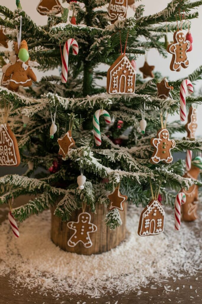 Festive Christmas tree with gingerbread cookies, candy canes, and snowy branches, creating a cozy holiday atmosphere indoors.