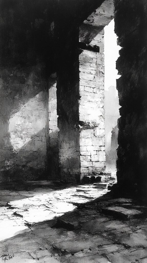 Sunlight streaming through ancient stone ruins, casting dramatic shadows and highlighting textured walls in a serene black and white scene.