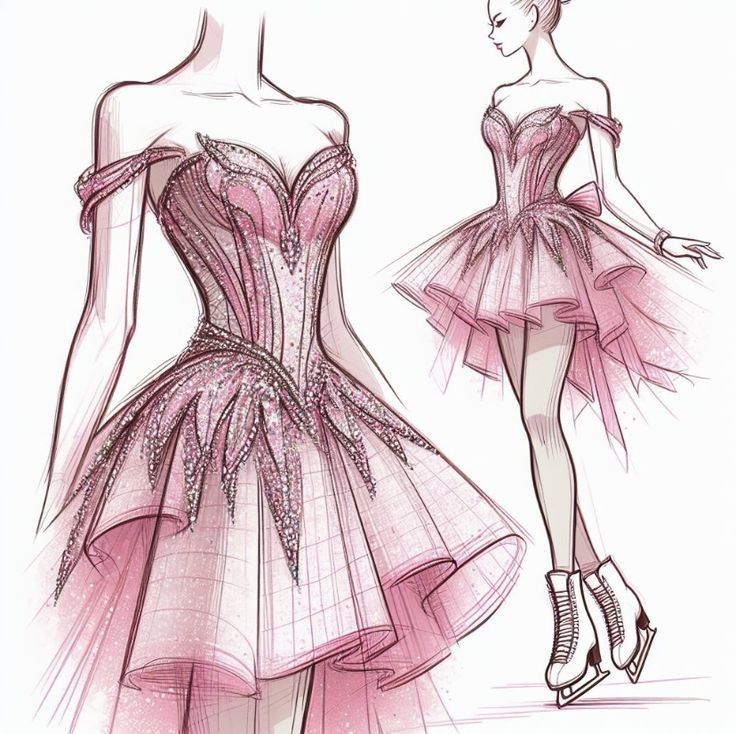Sketch of a glittering pink ballet dress with tulle layers, showcasing artistic and elegant design details.