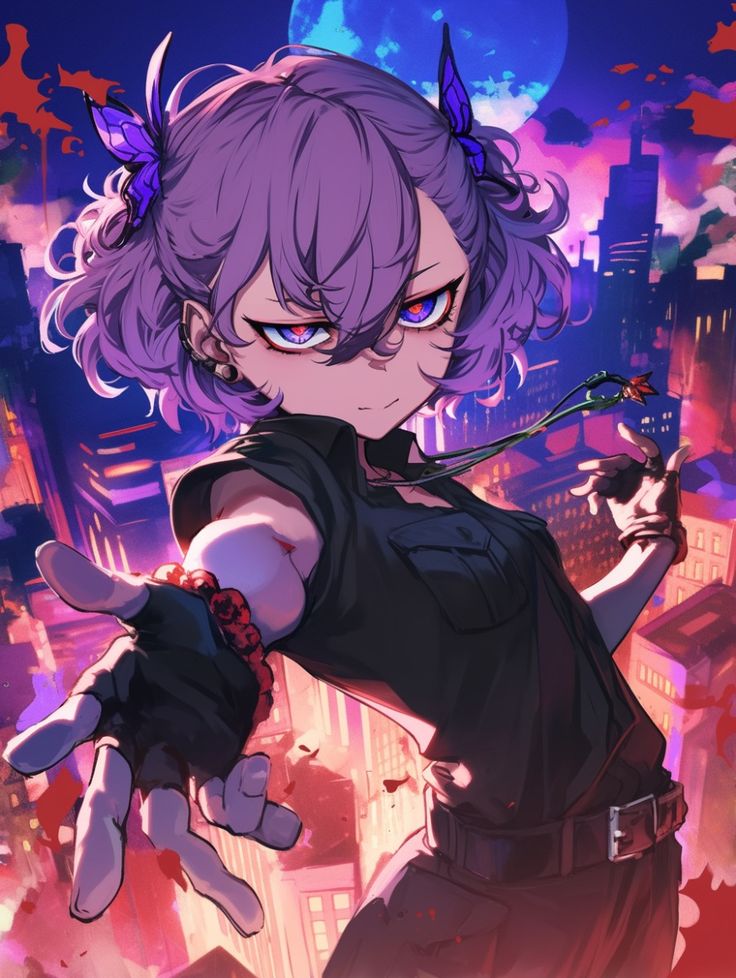 50e5f1f2-0986-4673-89a7-f369737bd1a9 Anime character with purple hair and intense eyes, wearing black gloves, extends hand against a colorful urban nightscape with a moonlit sky. | Sky Rye Design Anime character with purple hair and intense eyes, wearing black gloves, extends hand against a colorful urban nightscape with a moonlit sky.