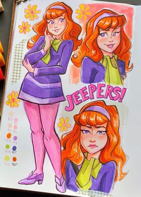 Colorful illustration of a red-haired woman in a purple outfit with JEEPERS! text, floral accents, and color swatches.