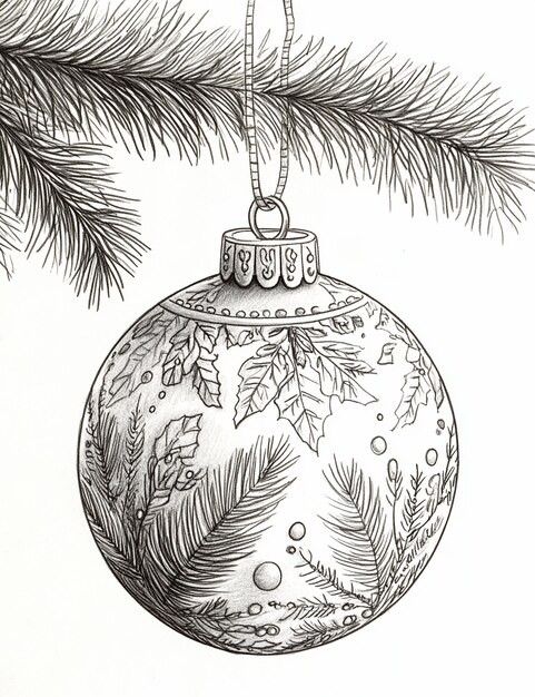 Black and white drawing of an ornately decorated Christmas ornament hanging from a pine branch.