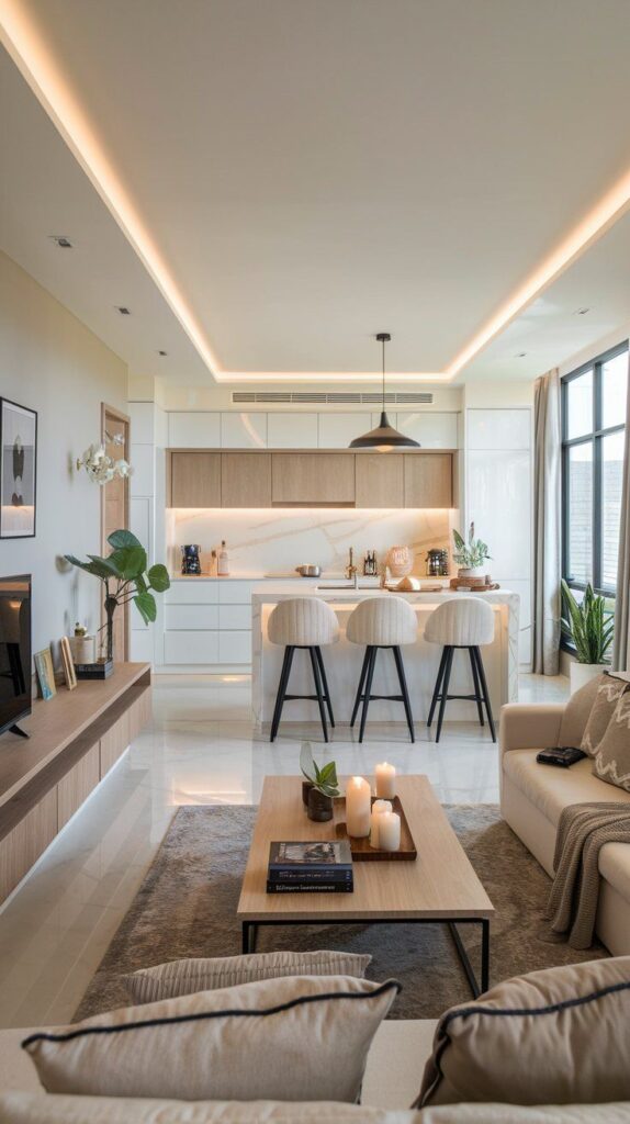 Modern open-concept living room and kitchen with elegant lighting, cozy seating, and a minimalist design. Ideal for relaxation and gatherings.