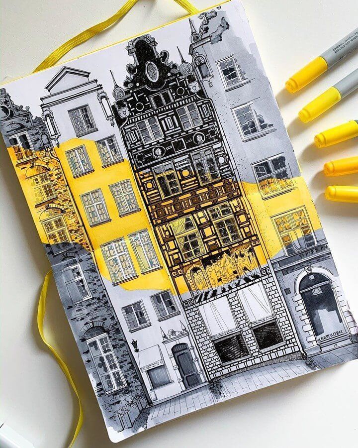 5139802b-5f86-4c1d-ac5d-7c685b79ce11 Illustrated sketchbook of intricate European buildings, highlighting architectural details in yellow and black tones. | Sky Rye Design Illustrated sketchbook of intricate European buildings, highlighting architectural details in yellow and black tones.