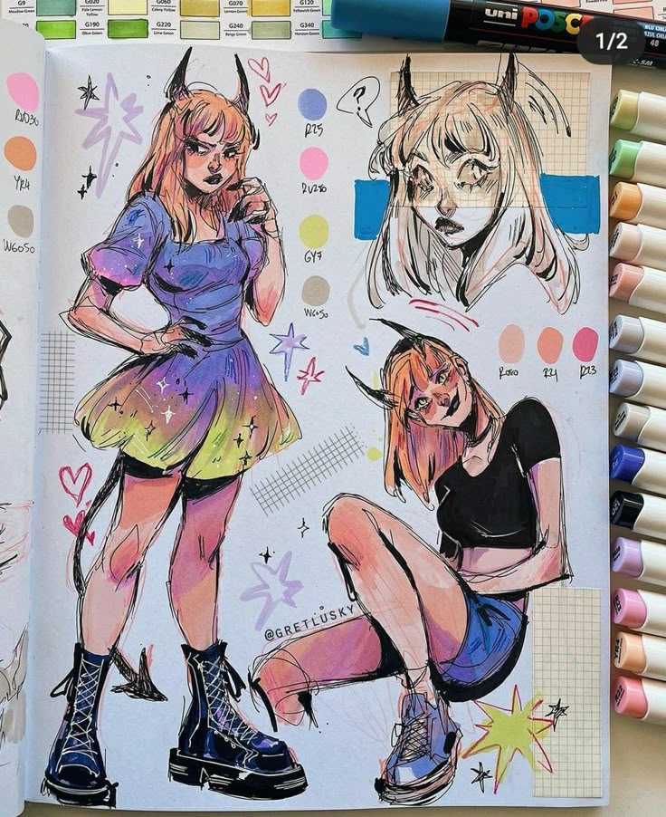 Colorful sketchbook page featuring cartoon character designs with horns, styled in vibrant outfits, surrounded by markers and color swatches.