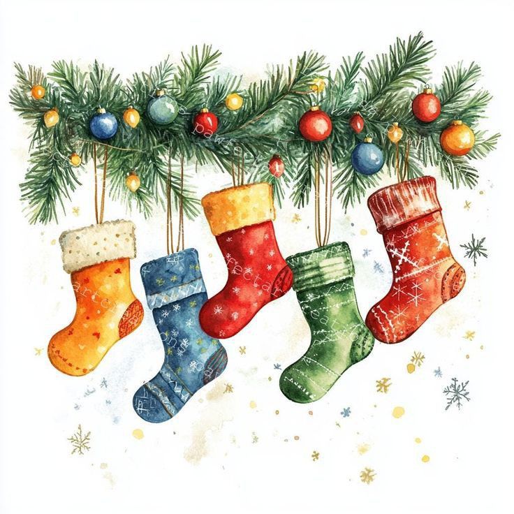 Colorful Christmas stockings hanging on pine branches with ornaments and snowflakes, festive holiday decoration.