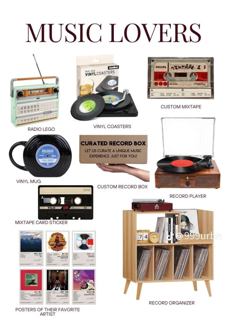 _ 53 Image showcasing music-themed gifts: vintage radios, vinyl coasters, custom mixtapes, record players, and artist posters for music lovers. | Sky Rye Design Image showcasing music-themed gifts: vintage radios, vinyl coasters, custom mixtapes, record players, and artist posters for music lovers.