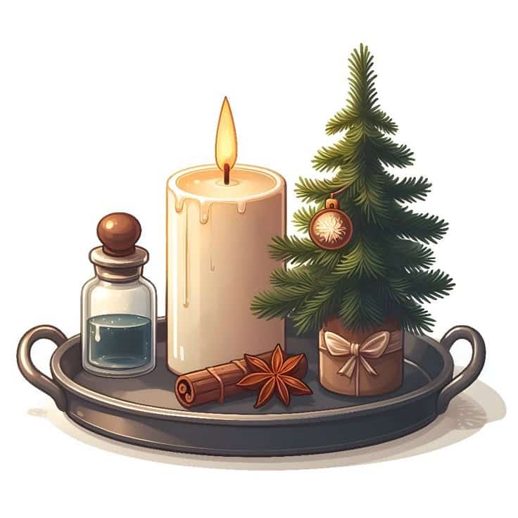 Festive tray with candle, mini Christmas tree, glass vial, cinnamon, and anise for holiday decor.