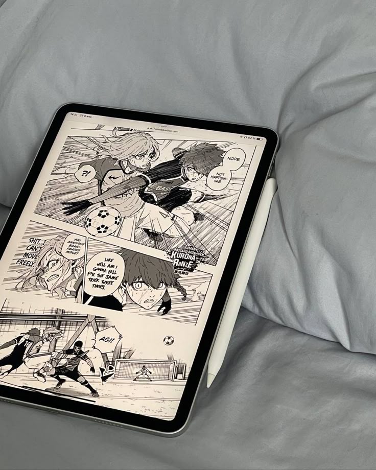 55b1df75a28c832b99e2057eab7a79dc Tablet displaying soccer-themed manga panel on bed with stylus, highlighting intense action and dramatic storytelling. | Sky Rye Design Tablet displaying soccer-themed manga panel on bed with stylus, highlighting intense action and dramatic storytelling.