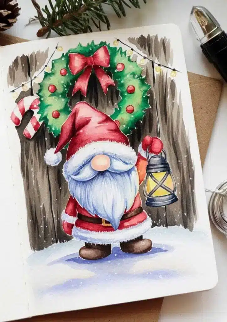 Festive gnome with red outfit holds a lantern near a Christmas wreath on wooden door. Snow scene art for holiday cards.