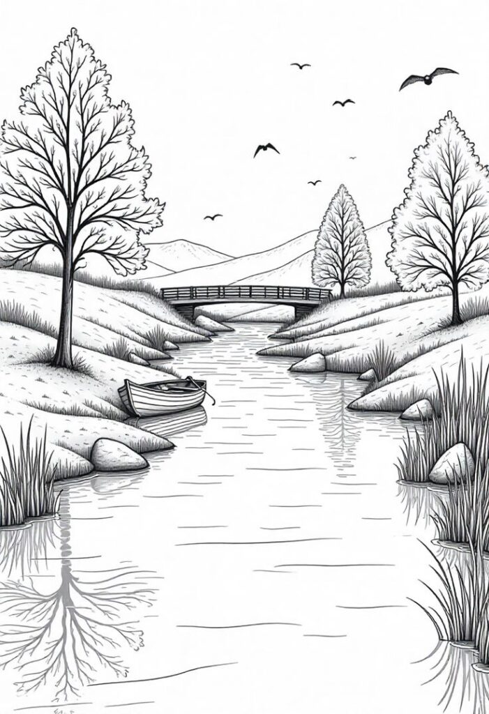 577ea8cf24a54f3825193ebc91c7fbc7 Black and white serene landscape with a river, trees, bridge, boat, and birds. Calm nature scene ideal for relaxation. | Sky Rye Design Black and white serene landscape with a river, trees, bridge, boat, and birds. Calm nature scene ideal for relaxation.