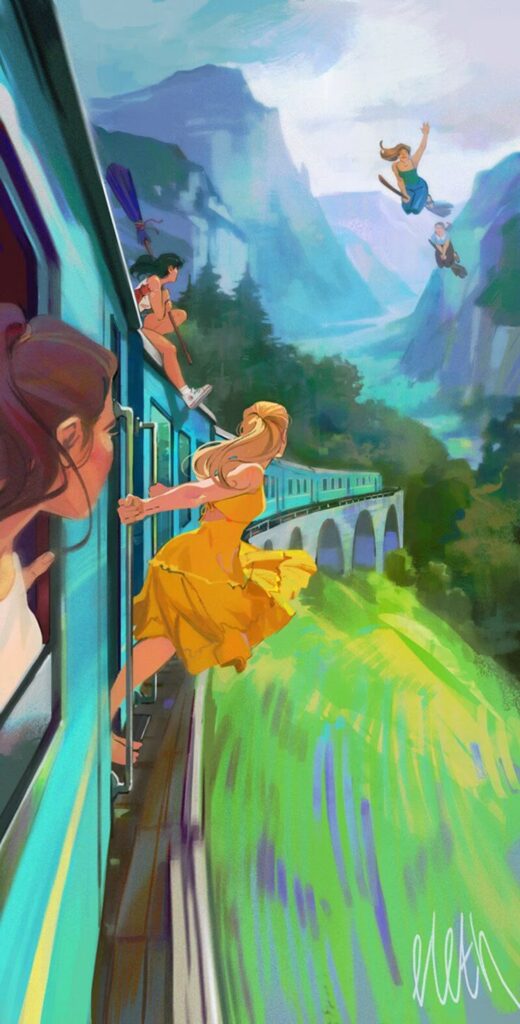 Illustrated scene of people on a vibrant train ride through mountains, with passengers joyously leaning out and flying above the lush landscape.