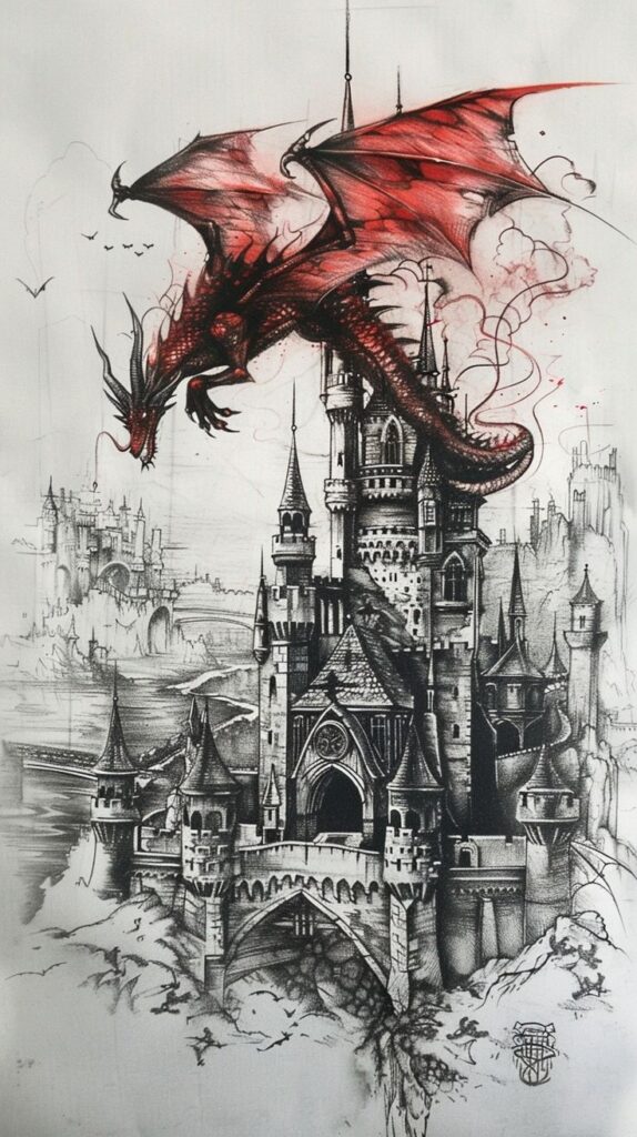 Red dragon soaring over a Gothic castle illustration, featuring intricate architectural details and a fantasy landscape.