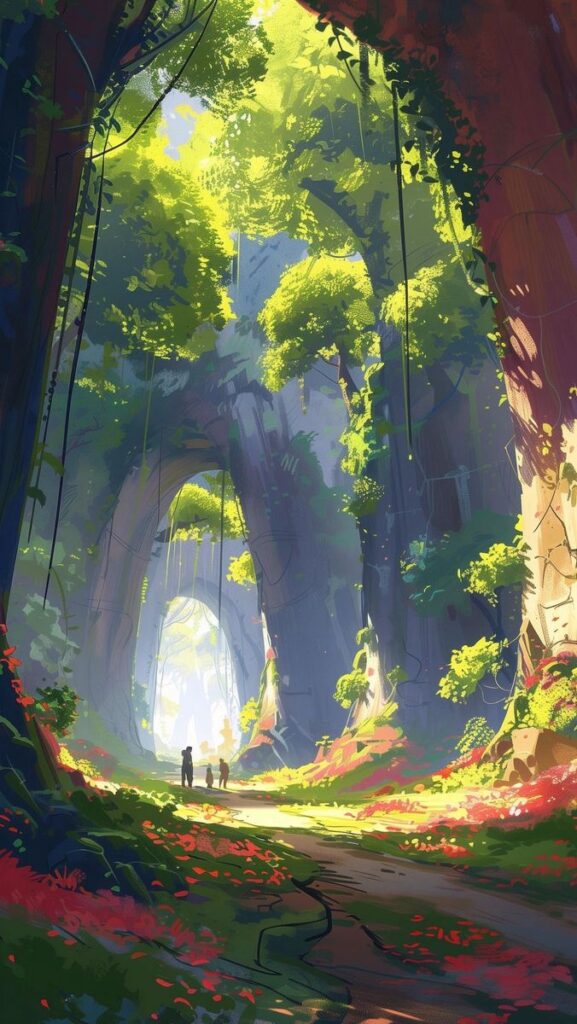 Enchanting forest scene with vibrant green leaves, sunlight filtering through trees, and a family exploring the serene, magical pathway.