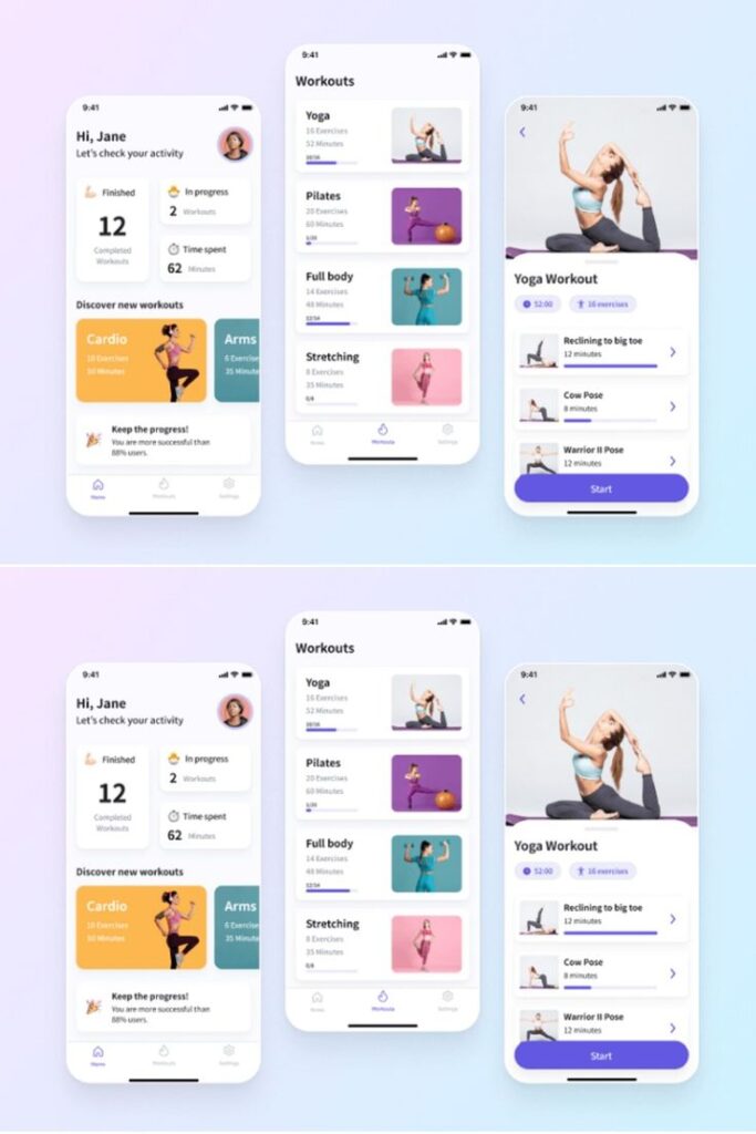 Mobile fitness app interface showcasing workout plans, user progress, and yoga exercises for a personalized exercise experience.