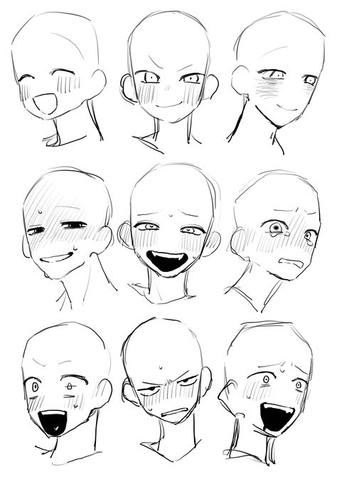 Anime-style character sketches showing nine different facial expressions, ranging from happy and sad to surprised and angry.