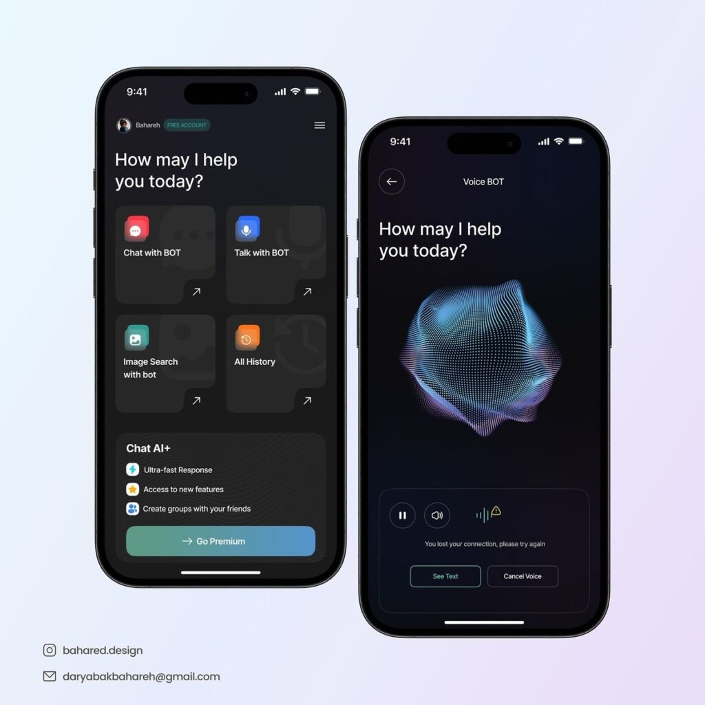5d7353e8c93a2492bc3856d96b91d8c7 Dual smartphone display showcasing AI chatbot and voice bot interfaces with premium features for enhanced user interaction. | Sky Rye Design Dual smartphone display showcasing AI chatbot and voice bot interfaces with premium features for enhanced user interaction.
