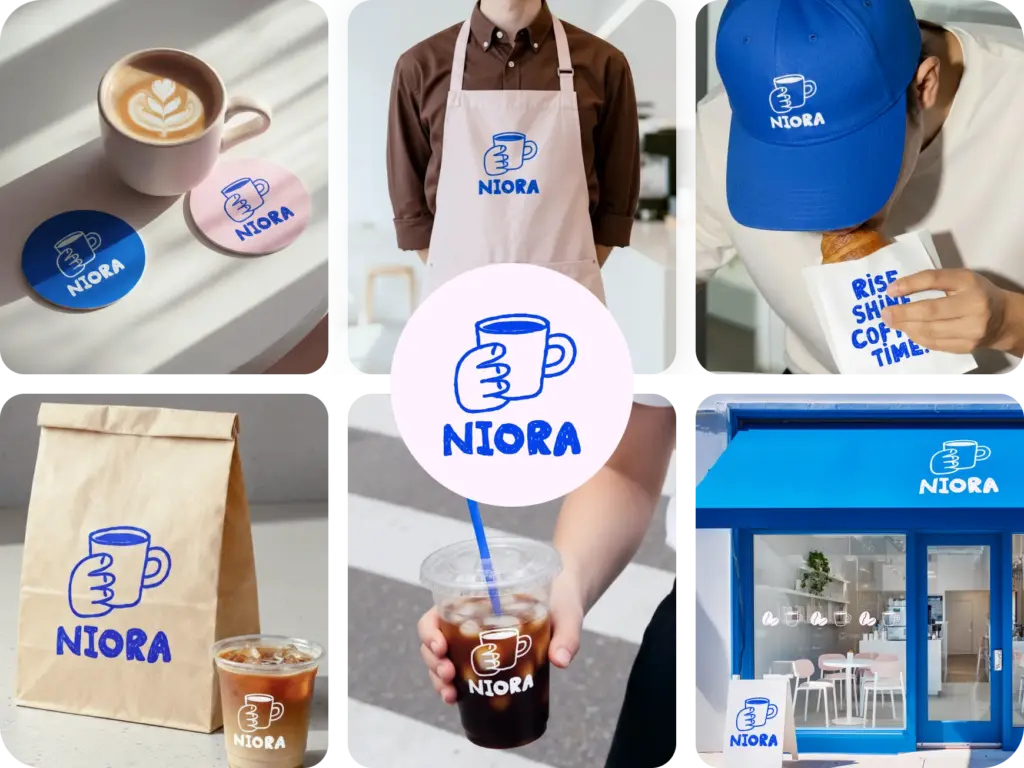 5f63c9b4438500cb3fc9042bb70bacc8 Niora coffee shop branding: logo, coasters, apron, cap. Featuring coffee cups, bakery items, and storefront with blue awning. | Sky Rye Design Niora coffee shop branding: logo, coasters, apron, cap. Featuring coffee cups, bakery items, and storefront with blue awning.