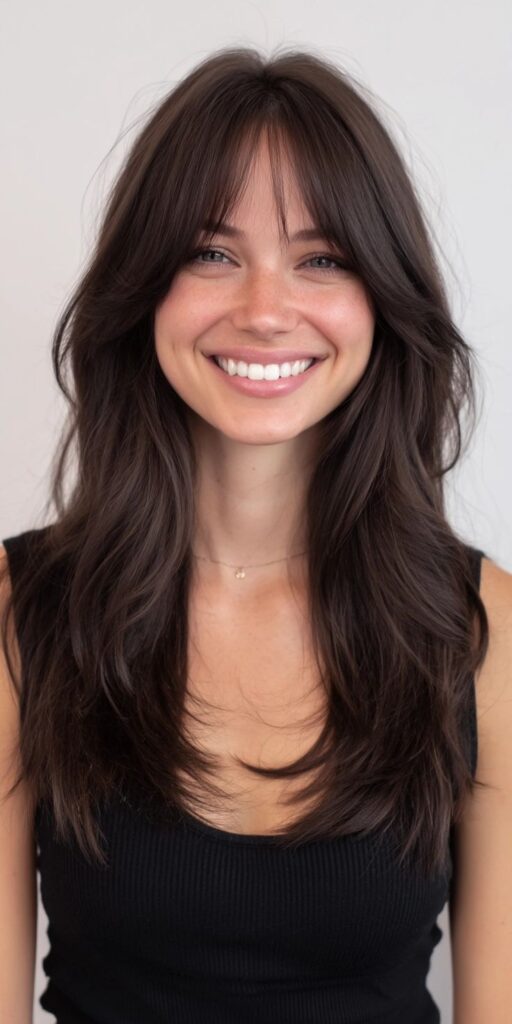 Smiling woman with long dark hair wearing a black top against a light background.