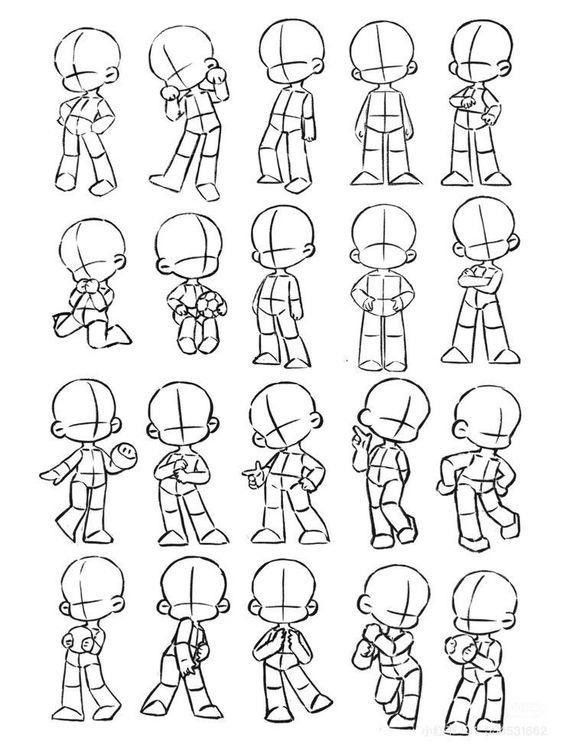 Anime-style character pose sheet featuring twenty blank figures in various dynamic actions.
