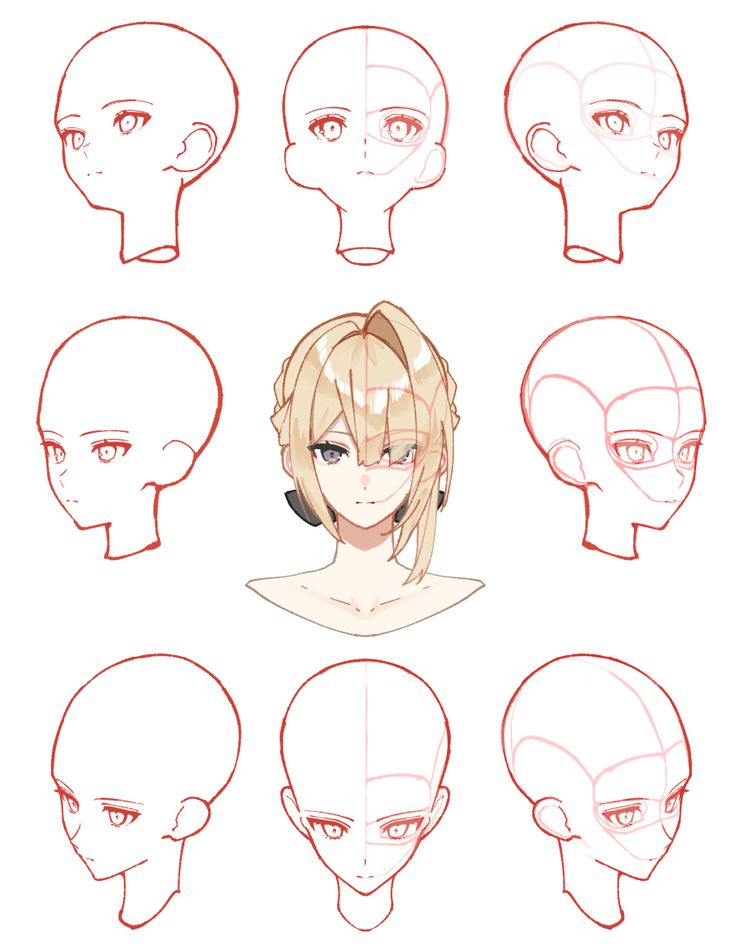 _ 6 Anime face drawing tutorial showcasing nine stages to illustrate head angles and details, featuring a completed character in the center. | Sky Rye Design Anime face drawing tutorial showcasing nine stages to illustrate head angles and details, featuring a completed character in the center.
