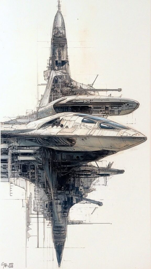 _ 6 Futuristic spaceship illustration with intricate architectural design, showcasing detailed lines and symmetry, against a white background. | Sky Rye Design Futuristic spaceship illustration with intricate architectural design, showcasing detailed lines and symmetry, against a white background.