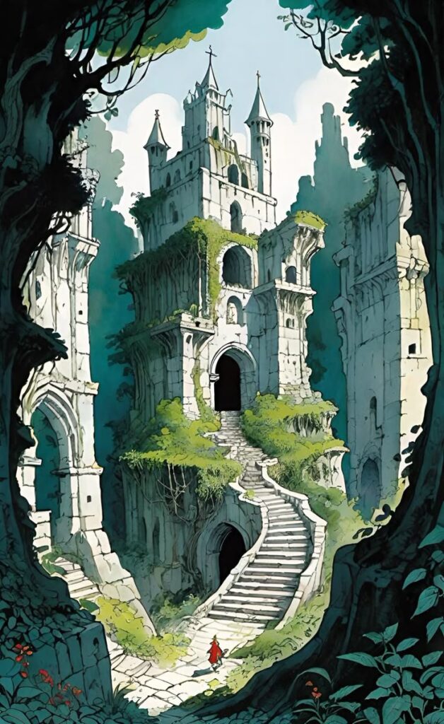 _ 6 Majestic ancient castle with overgrown towers, an arched entrance, and winding stone stairs, surrounded by lush greenery and trees. | Sky Rye Design Majestic ancient castle with overgrown towers, an arched entrance, and winding stone stairs, surrounded by lush greenery and trees.