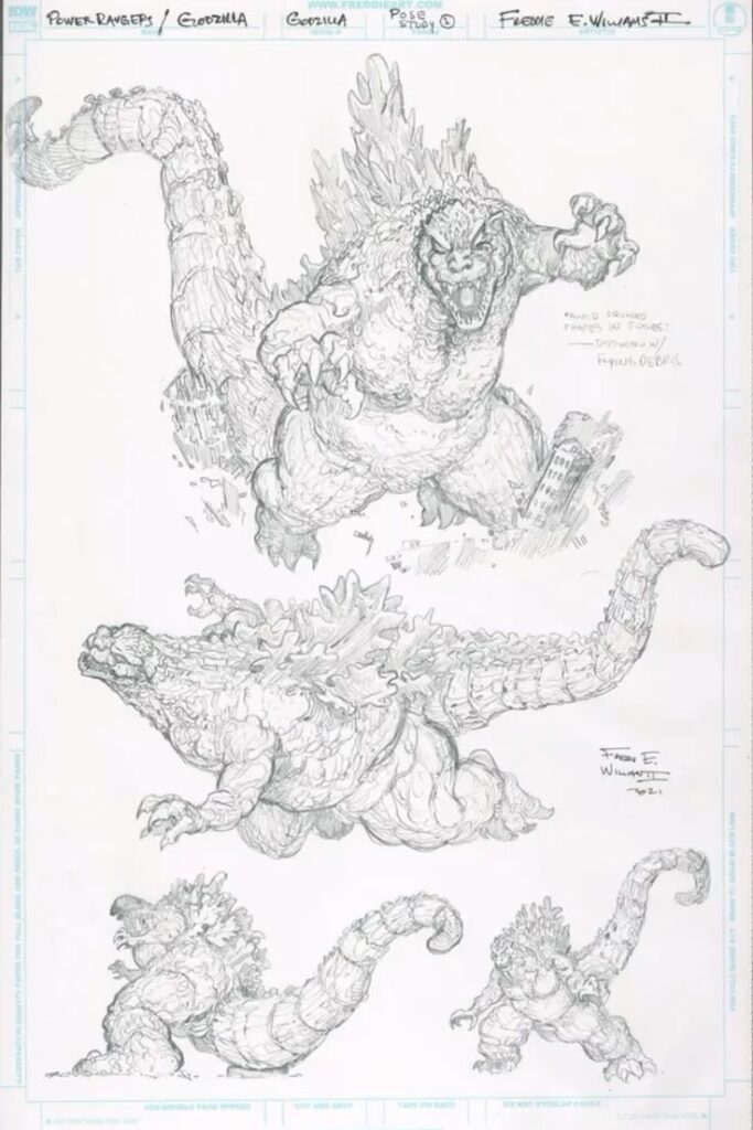 _ 6 Detailed pencil sketches of Godzilla in dynamic poses by Freddie E. Williams II, featuring intricate details and varied perspectives. | Sky Rye Design Detailed pencil sketches of Godzilla in dynamic poses by Freddie E. Williams II, featuring intricate details and varied perspectives.