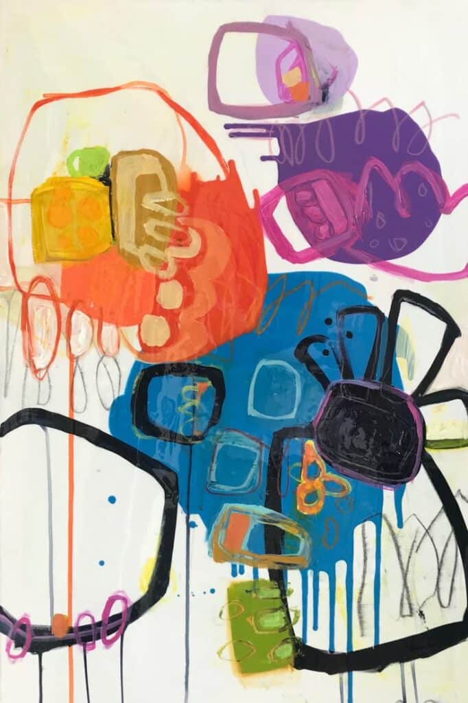 Abstract art with vibrant colors and geometric shapes creating a dynamic visual composition on a white background.