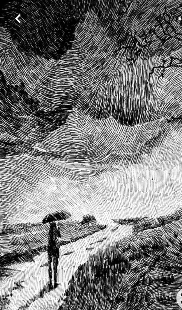 Black and white illustration of a person with an umbrella walking on a path beneath swirling clouds, capturing a stormy atmosphere.
