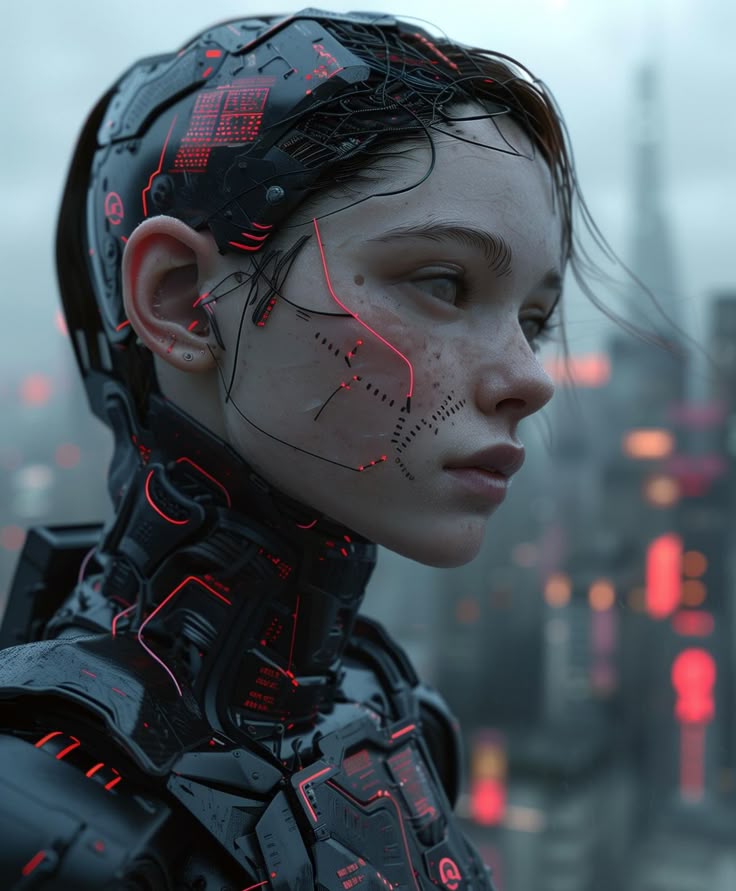Futuristic cyborg woman with intricate neon tech design against a blurry urban landscape.