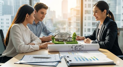 Real estate agent discussing a property investment with clients, showcasing a house model and charts in a modern office setting.